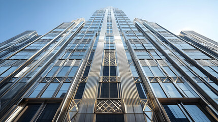 Iconic art deco skyscraper in New York City with geometric patterns and reflective glass