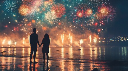 Fototapeta premium Romantic couple watching fireworks over the ocean at night.