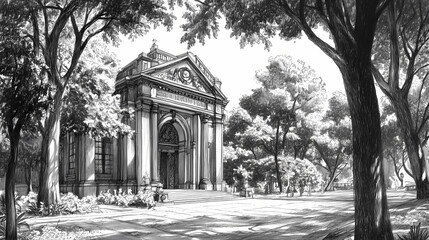 Naklejka premium A detailed black and white sketch beautifully captures a historic sanctuary, featuring elegant architectural elements and a lively scene, rich in cultural significance. Ironscape. Illustration