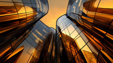Obraz premium A futuristic cityscape at dusk, with sleek, curvaceous skyscrapers illuminated by warm, golden light, and dramatic shadows emphasizing their complex geometry. Ironscape. Illustration