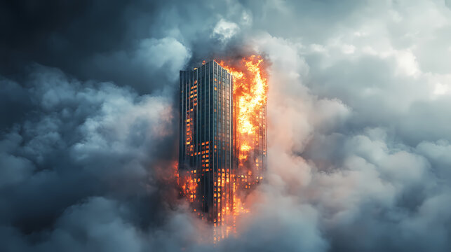 A dramatic view of a burning skyscraper shrouded in clouds, depicting urban challenges and environmental concerns. Ironscape. Illustration