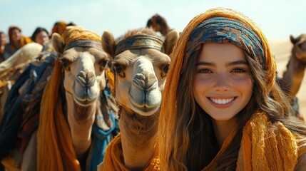 Smiling woman with two camels in desert.