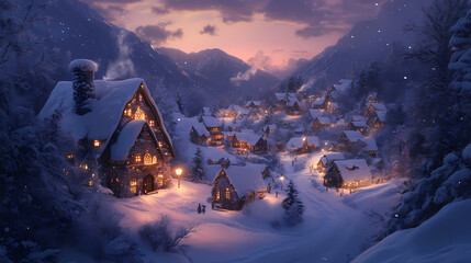 A serene winter village blanketed in snow, illuminated by warm lights at dusk. Ironscape. Illustration