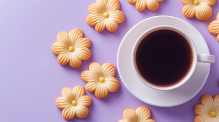 cup of coffee with flowers shaped cookies on purple background 