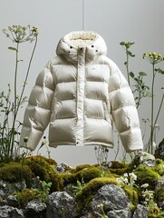 Elegant White Down Jacket Displayed on Mossy Rock Background