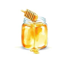 A jar of golden honey with a honey dipper dripping honey into the jar, isolated on a pristine white background