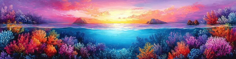Naklejka premium Stunning Sunset Over Vibrant Coral Reef Landscape with Colorful Ocean Horizon and Lush Tropical Vegetation Underwater Scene in a Splendid Tropical Paradise