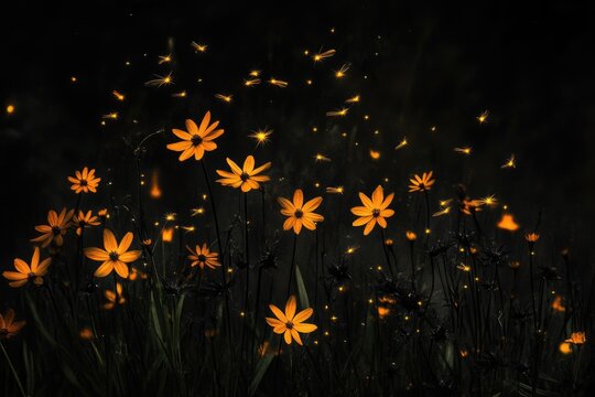 Glowing orange flowers illuminated at night with fireflies dancing around them.