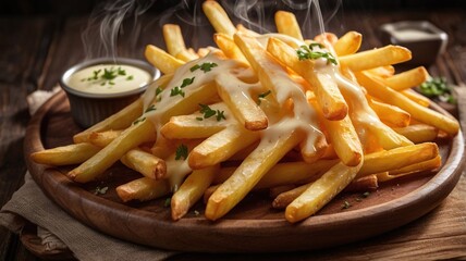 Close-up of crispy French fries drenched in melted cheese, with steam gently rising, served on a rustic wooden plate.