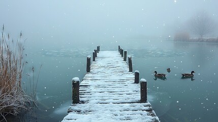  A snow-covered dock by a lake, ducks swim, snowflakes adorn water, and reeds frame scene