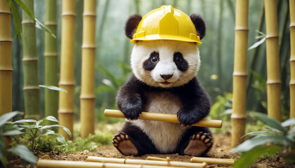 Obraz premium Architect baby panda is building a bungalow bamboo house with a toy hammer in his hand and wearing a construction worker yellow helmet in the middle of a bamboo forest