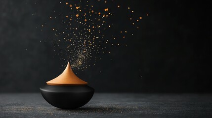 A black vase adorned with golden sprinkles rests atop a dark surface against a deep background