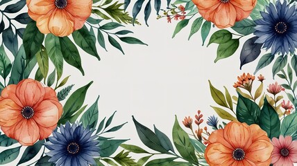 Watercolor frame template mockup with flowers and leaves