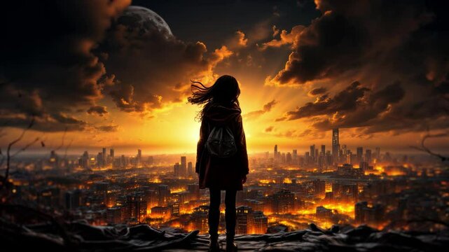 A lone figure stands against a backdrop of a decaying, dystopian city under a large moon. Evokes feelings of loss, solitude, and a post-apocalyptic world