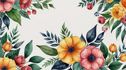 Watercolor frame template mockup with flowers and leaves