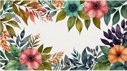 Watercolor frame template mockup with flowers and leaves