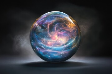 A crystal sphere encapsulates a swirling nebula, representing the vastness and mystery of the cosmos.