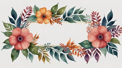 Watercolor frame template mockup with flowers and leaves