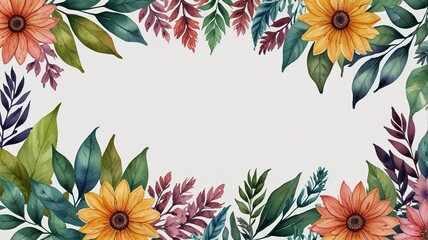 Watercolor frame template mockup with flowers and leaves