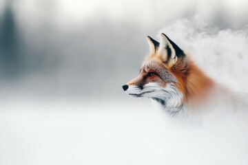 Fox in winter landscape quietly observing its surroundings amidst a snowy setting