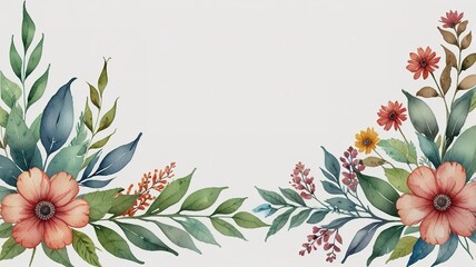 Watercolor frame template mockup with flowers and leaves