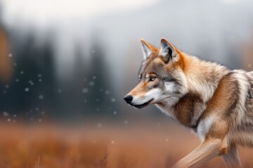 Fototapeta premium Wolf walking through a snowy landscape with blurred forest background during early morning hours