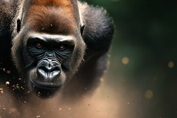 Obraz premium Powerful gorilla moving through natural habitat with intense focus on its surroundings and earthy backdrop