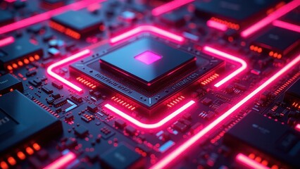 Futuristic Microchip with Illuminated Circuitry and Digital Skull Hologram

