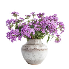 PNG Of A beautiful arrangement of delicate purple flowers in a textured ceramic vase, White or Transparent Background