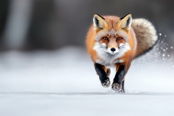 Fototapeta premium Red fox running through the snow in a winter landscape