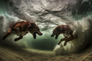 Obraz premium A hilarious underwater photo captures a golden labrador retriever puppy playing in a swimming pool, jumping and diving deep down. It shows action-filled training games with family pets and popular
