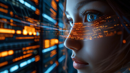 Cybernetic Vision: Close-up of a woman's eye with futuristic digital data overlay, showcasing technological advancement and artificial intelligence. A mesmerizing blend of human and machine
