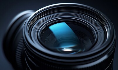 A close-up of a camera lens showcasing its intricate design and glass elements.