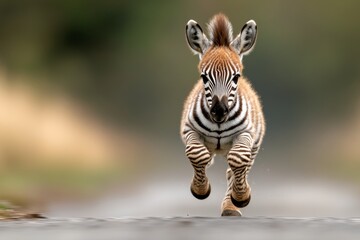 Fototapeta premium Young zebra runs playfully on a dirt road in a natural habitat during daylight hours