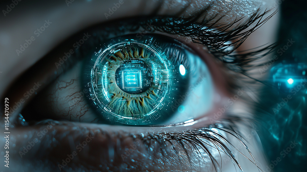 Wall mural close-up of a human eye with a digital interface superimposed, representing the intersection of tech