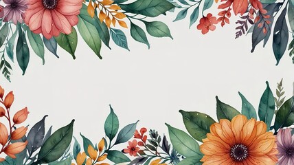 Watercolor frame template mockup with flowers and leaves