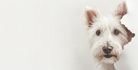 A bug-eyed muzzle with the head of an old dog peeking through a hole on a white torn paper backdrop. This is a Russian Toy Terrier in a horizontal studio shot, leaving room for copy space. It