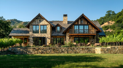 Rustic vineyard estate in Napa Valley California with stone walls and rolling hills