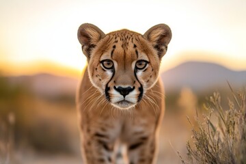 Obraz premium Wild cheetah approaches the camera during golden hour in a desert landscape