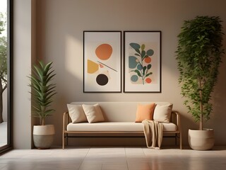 minimalist 3d entryway rendering with wooden console table, geometric art frame mockup, white wall, soft natural light, stylish modern decor