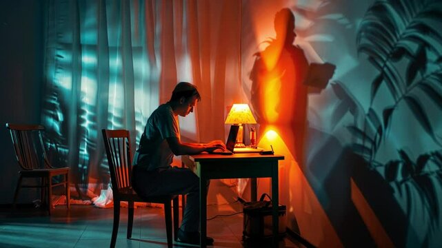 A man works at a laptop with his shadow looming behind, representing internal struggles and self-doubt.