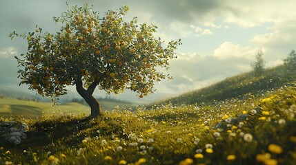   A tree in a grassy field with wildflowers under cloudy skies