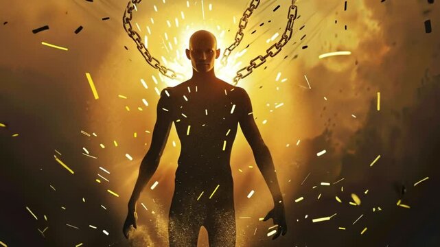 A lone figure struggles against glowing chains, representing personal limitations and the fight for freedom.
