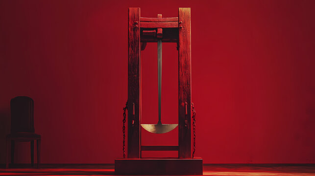 Guillotine, a historical execution device with sharp blade, associated with french revolution and symbol of harsh justice, generative ai. Draconian. Illustration