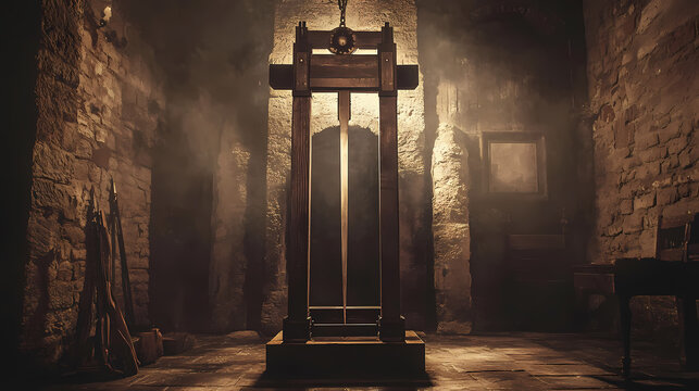 Guillotine, a historical execution device with sharp blade, associated with french revolution and symbol of harsh justice, generative ai. Draconian. Illustration