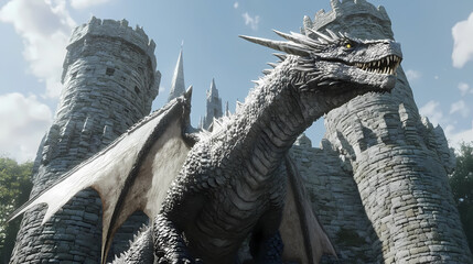 Majestic dragon in front of ancient stone castle. Draconian. Illustration