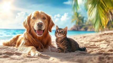 Obraz premium A happy relaxing golden retriever dog and a cute cat are traveling with their family on their holiday tip to the beach. 