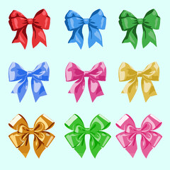 Set of Colorful Decorative Bows in Multiple Styles and Shades. perfect for celebrations, gift packaging, and crafting projects