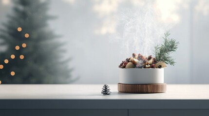   A close-up of a potted plant on a table with a Christmas tree and lights in the background