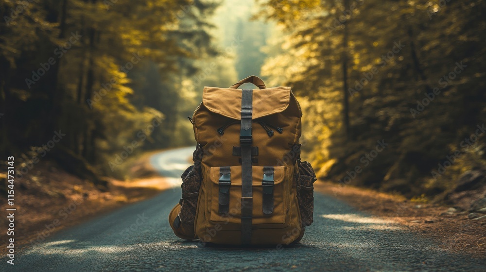 Poster travelers backpack rests on a quiet forest road surrounded by tall trees and soft golden light durin
